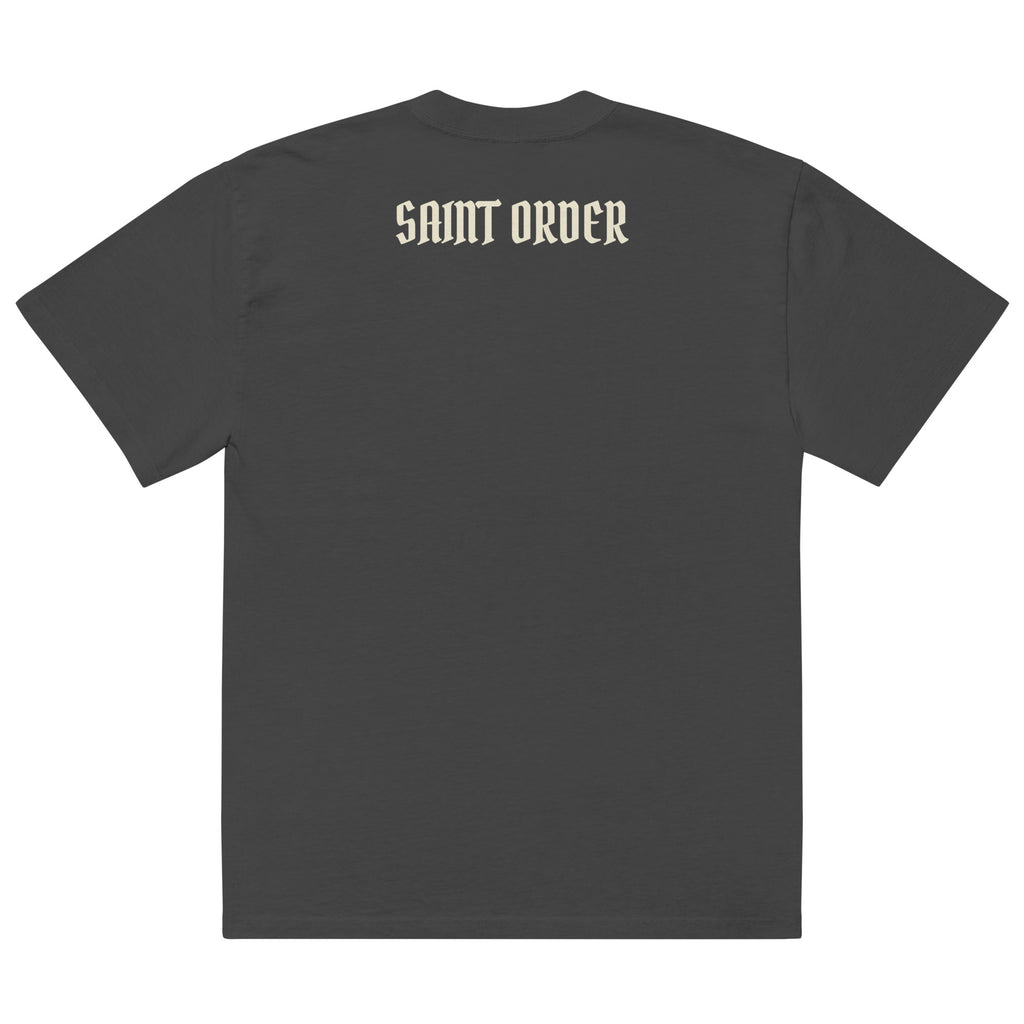 Saint Order Eternal oversized faded-black tee, back view with ivory Saint Order blackletter wordmark centered across the upper back.