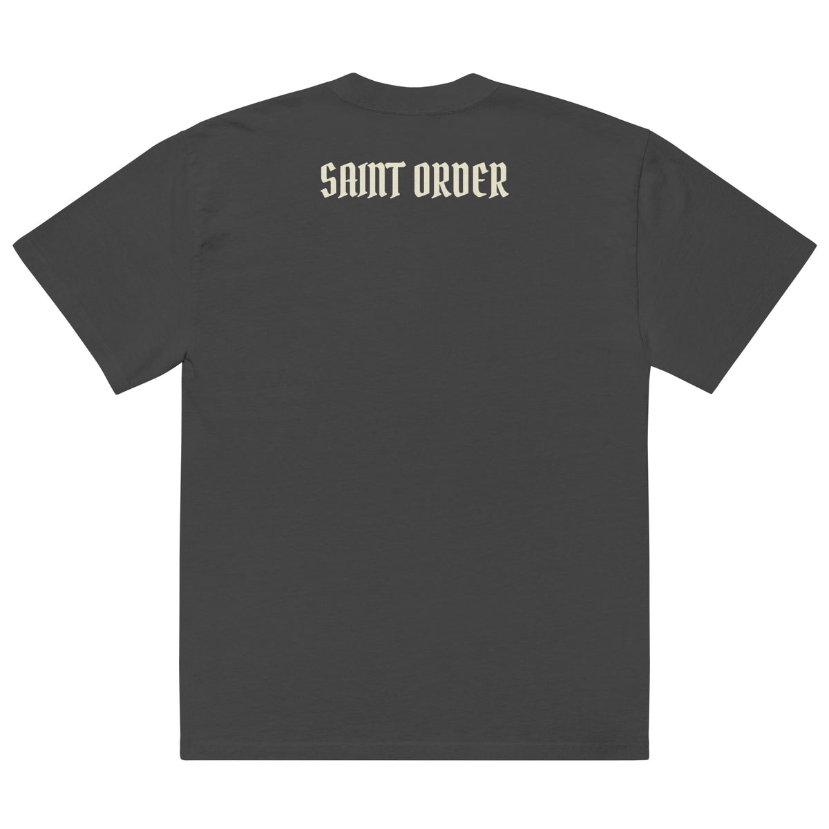 Saint Order Eternal oversized faded-black tee, back view with ivory Saint Order blackletter wordmark centered across the upper back.