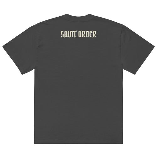 Saint Order Eternal oversized faded-black tee, back view with ivory Saint Order blackletter wordmark centered across the upper back.