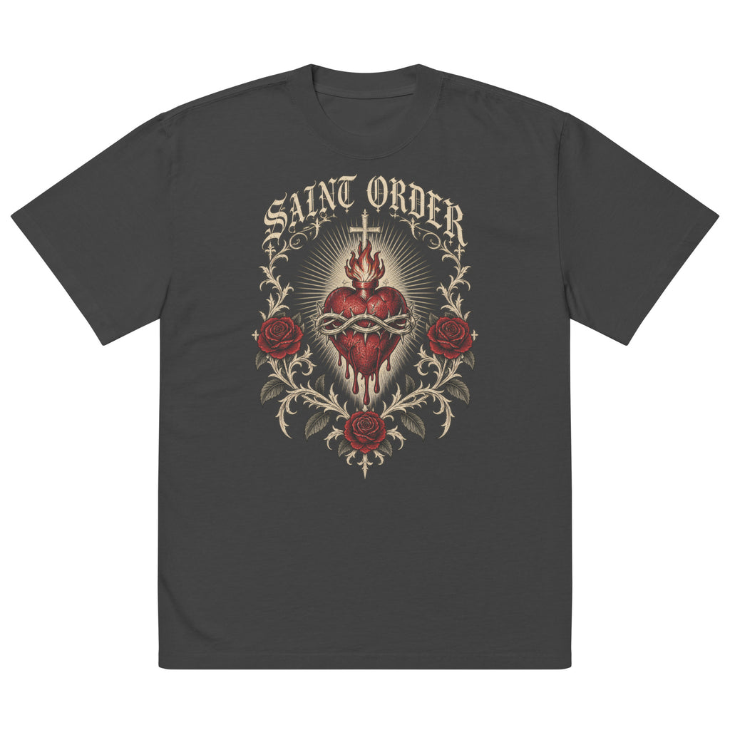 Saint Order Eternal oversized faded-black tee, front view with sacred heart, thorns and oxblood rose artwork.