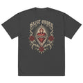 Saint Order Eternal oversized faded-black tee, front view with sacred heart, thorns and oxblood rose artwork.