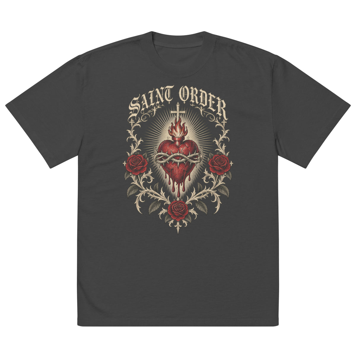 Saint Order Eternal oversized faded-black tee, front view with sacred heart, thorns and oxblood rose artwork.