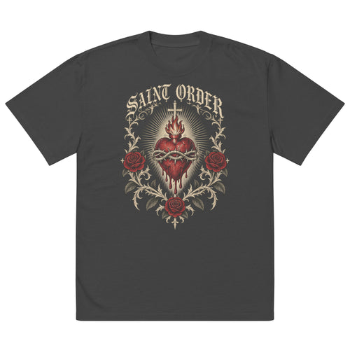 Saint Order Eternal oversized faded-black tee, front view with sacred heart, thorns and oxblood rose artwork.