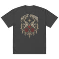 Saint Order Mercy oversized faded-black tee, front view with tattoo swallows, oxblood heart, roses and ivory celestial artwork.
