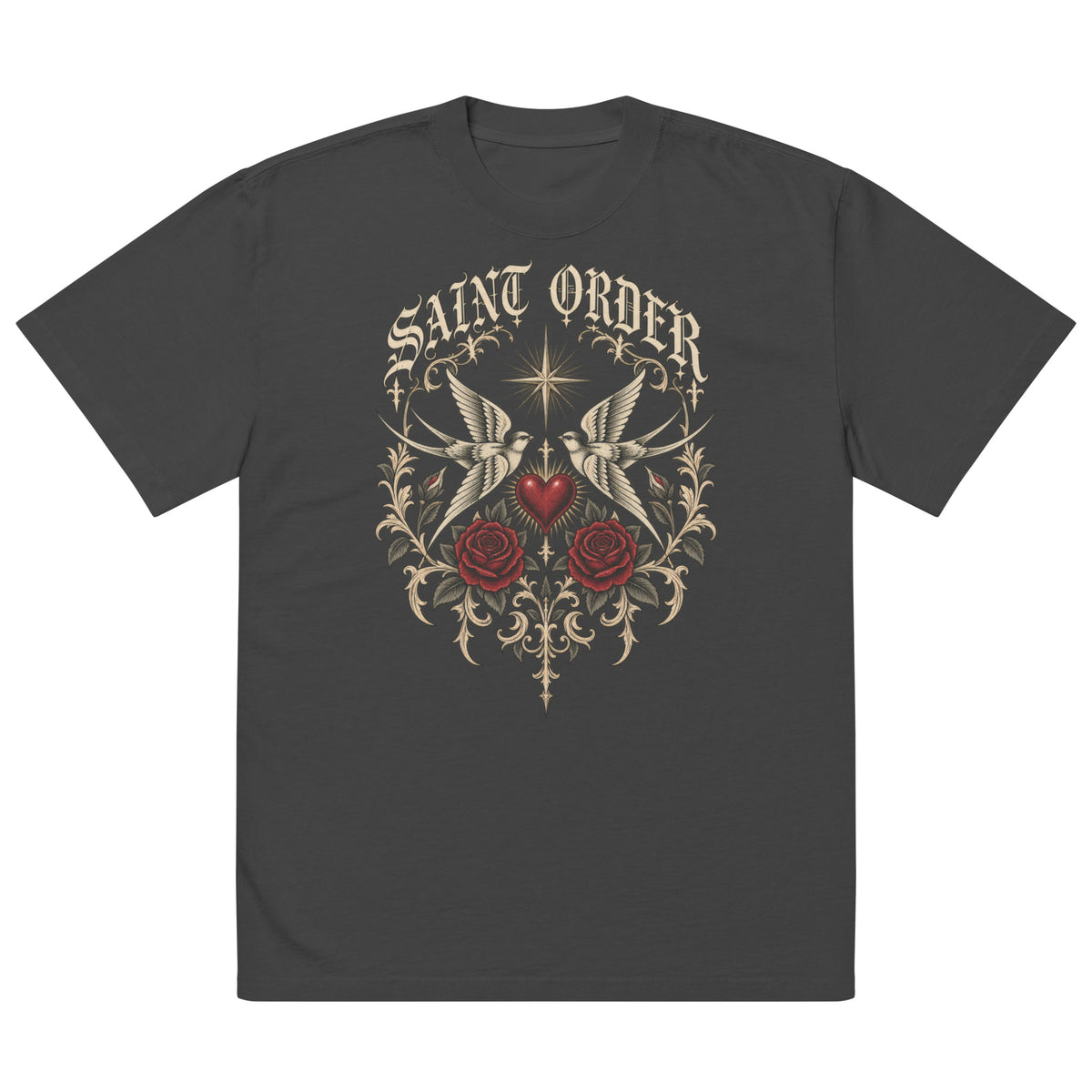 Saint Order Mercy oversized faded-black tee, front view with tattoo swallows, oxblood heart, roses and ivory celestial artwork.