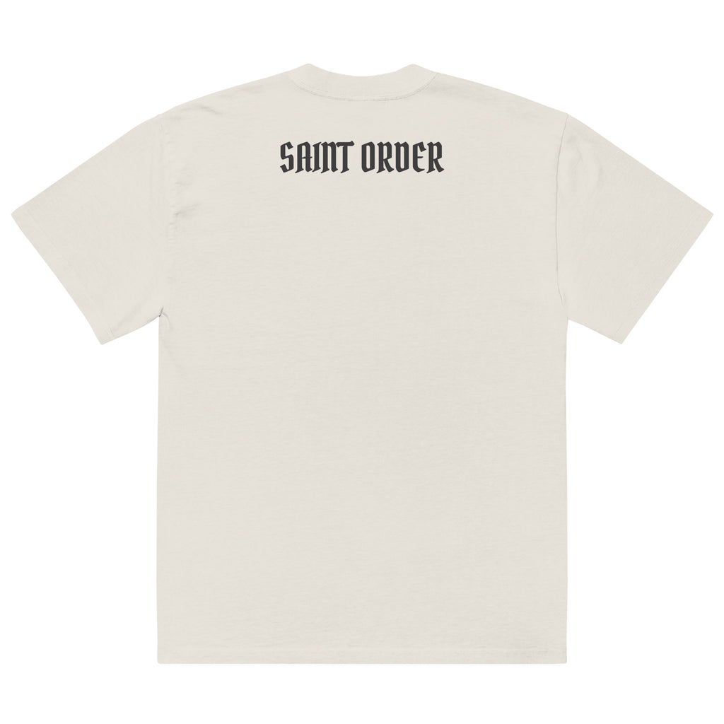 Saint Order Fallen oversized faded-bone tee, back view with charcoal Saint Order blackletter wordmark centered across the upper back.