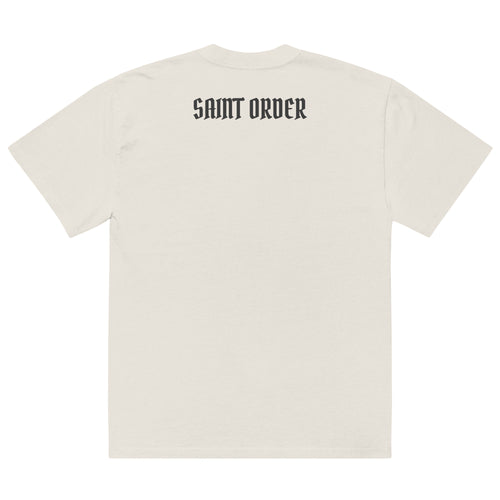 Saint Order Fallen oversized faded-bone tee, back view with charcoal Saint Order blackletter wordmark centered across the upper back.
