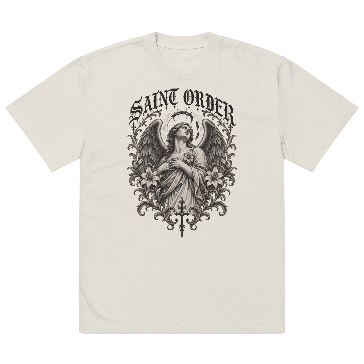 Saint Order Fallen oversized faded-bone tee, front view with winged figure, broken halo, lilies and charcoal botanical artwork.