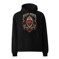 Front of the black Saint Order Eternal relaxed hoodie, with sacred-heart, rose and thorn artwork above the kangaroo pocket.