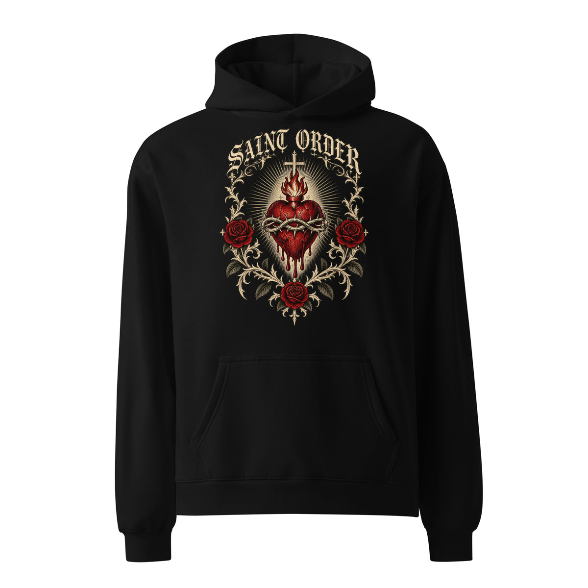 Front of the black Saint Order Eternal relaxed hoodie, with sacred-heart, rose and thorn artwork above the kangaroo pocket.