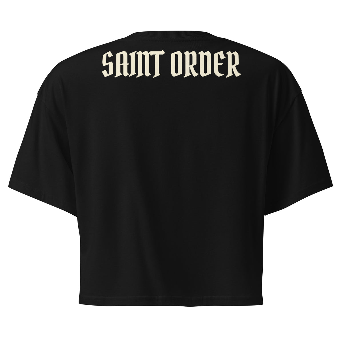 Back of the black Saint Order Mercy crop tee, with an ivory Saint Order wordmark across the upper back.
