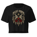 Front of the black Saint Order Mercy crop tee, with ivory swallows, ornamental leaves, roses and a red heart.