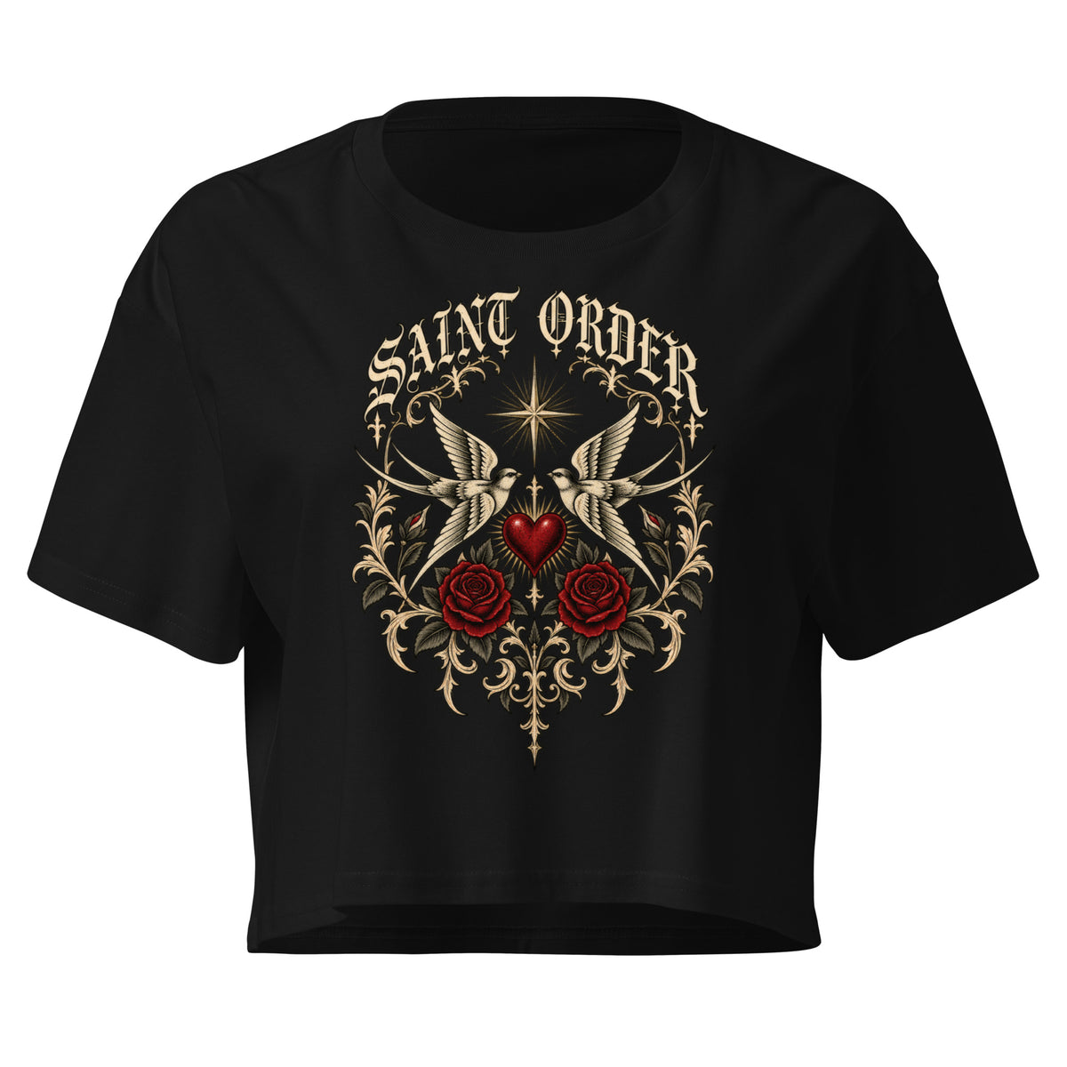 Front of the black Saint Order Mercy crop tee, with ivory swallows, ornamental leaves, roses and a red heart.