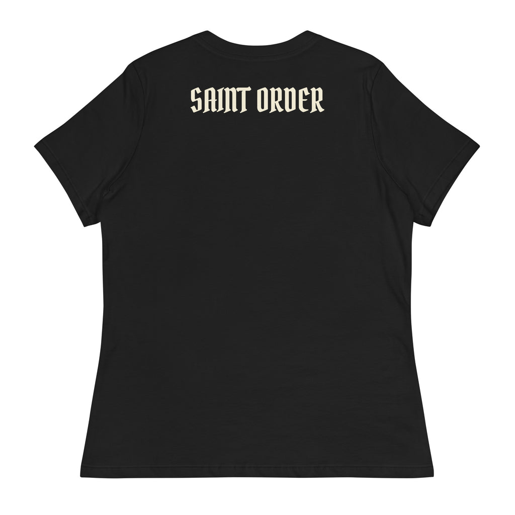 Back of the black Eternal women’s relaxed tee with an ivory Saint Order wordmark across the upper back.