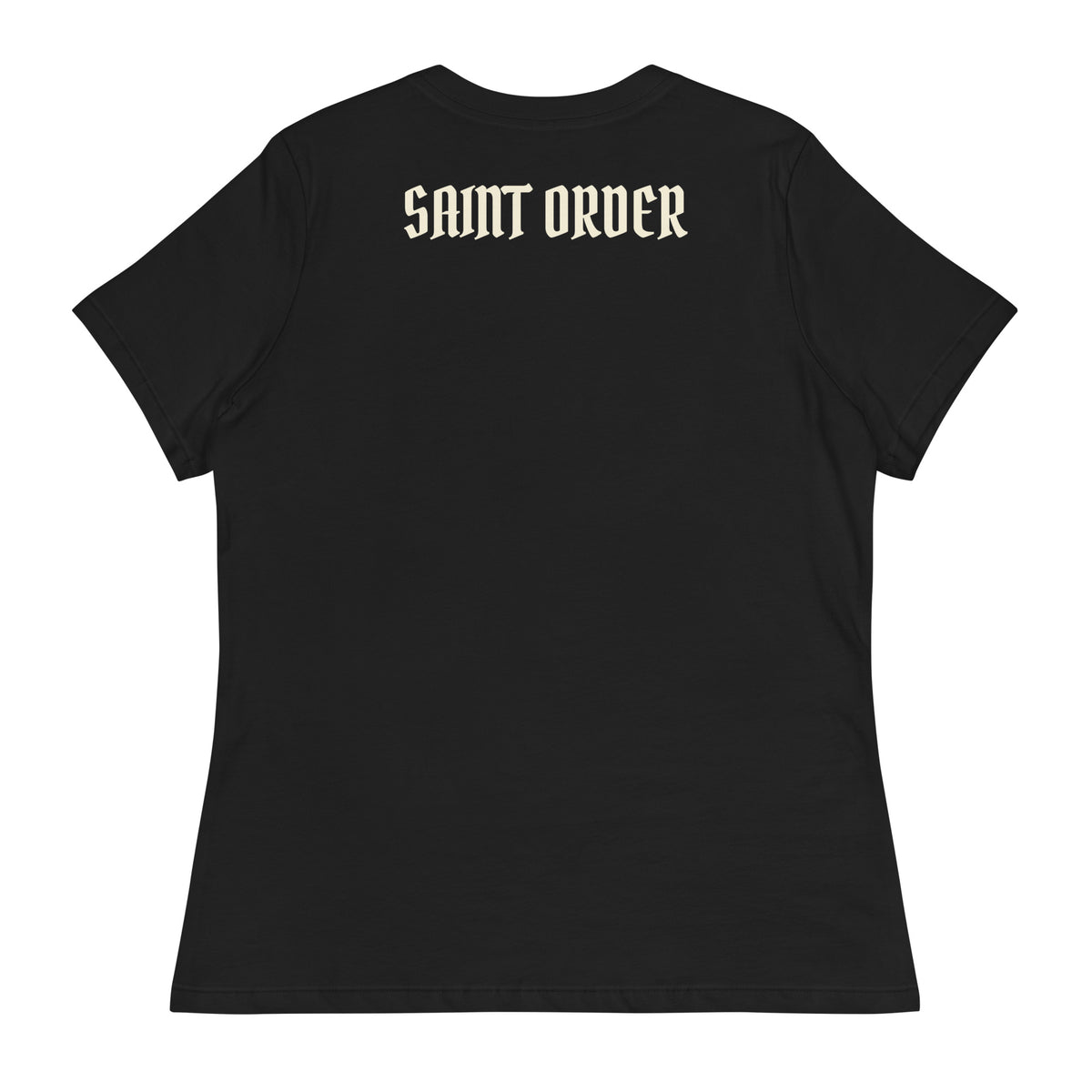 Back of the black Eternal women’s relaxed tee with an ivory Saint Order wordmark across the upper back.