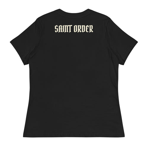 Back of the black Eternal women’s relaxed tee with an ivory Saint Order wordmark across the upper back.