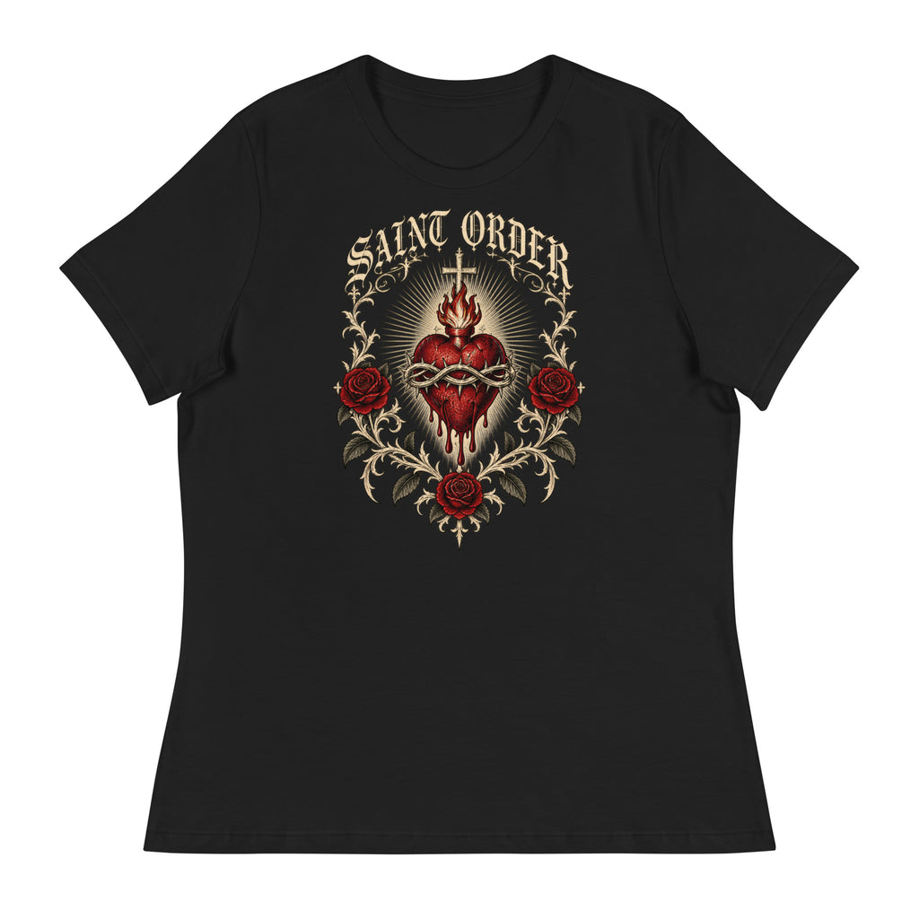 Front of the black Eternal women’s relaxed tee with a sacred heart, thorns, roses and Saint Order lettering.