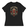 Front of the black Eternal women’s relaxed tee with a sacred heart, thorns, roses and Saint Order lettering.