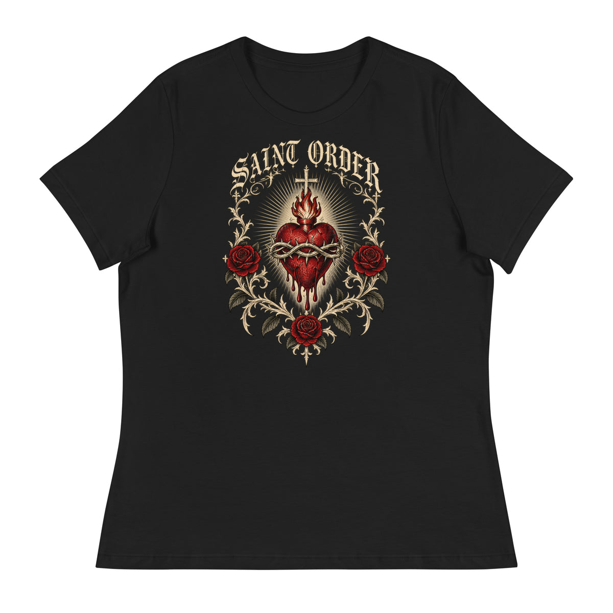 Front of the black Eternal women’s relaxed tee with a sacred heart, thorns, roses and Saint Order lettering.