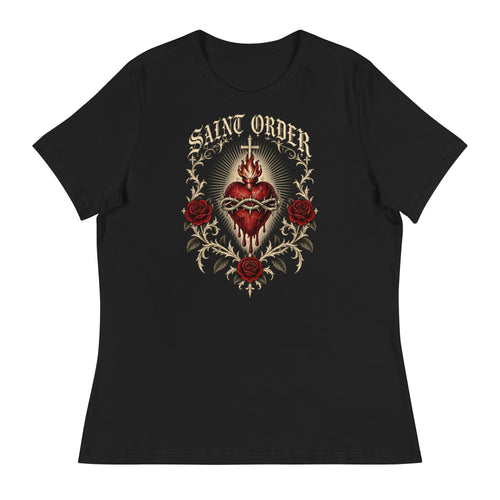 Front of the black Eternal women’s relaxed tee with a sacred heart, thorns, roses and Saint Order lettering.