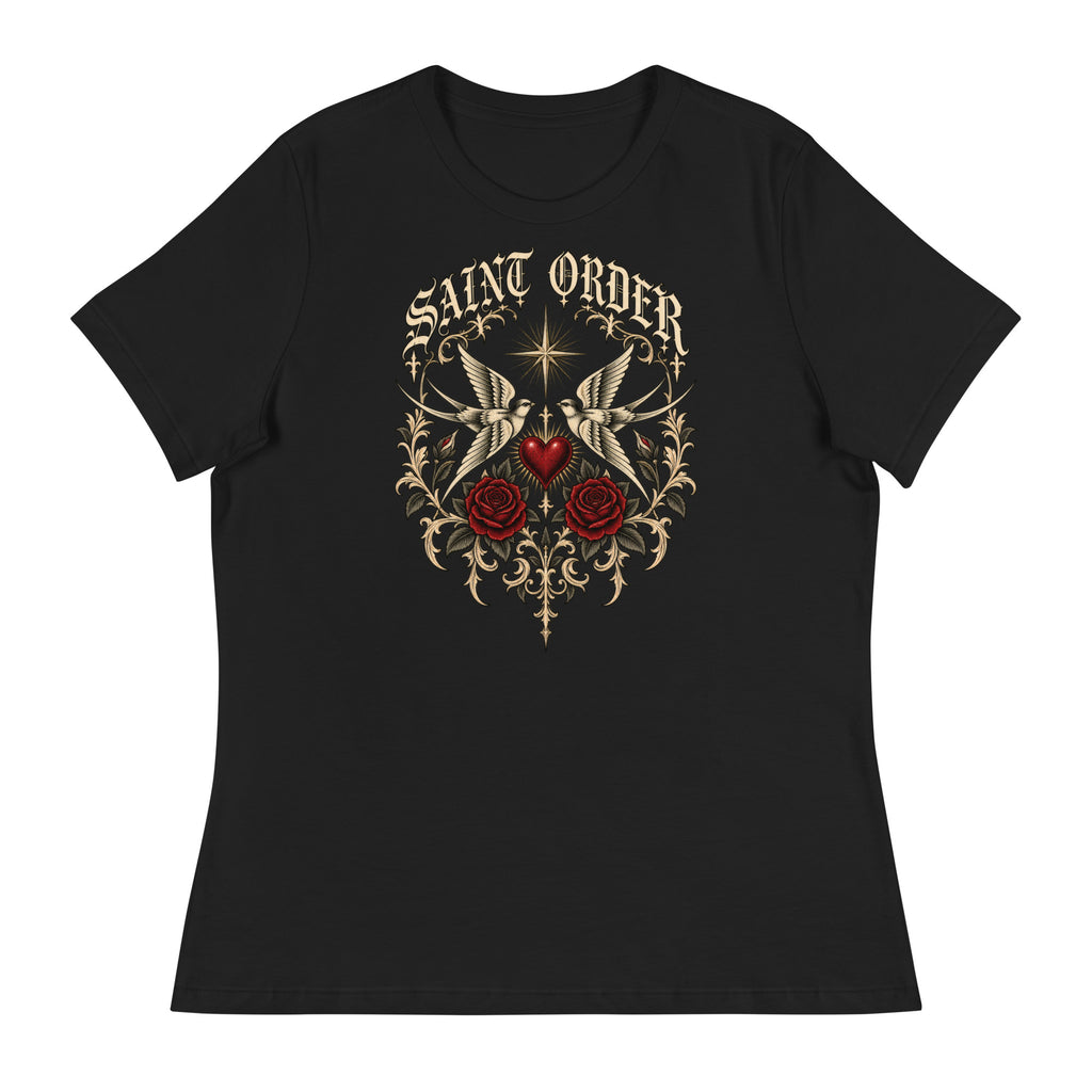 Front of the black Mercy women’s relaxed tee with tattoo swallows, an oxblood heart, roses and Saint Order lettering.
