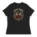 Front of the black Mercy women’s relaxed tee with tattoo swallows, an oxblood heart, roses and Saint Order lettering.