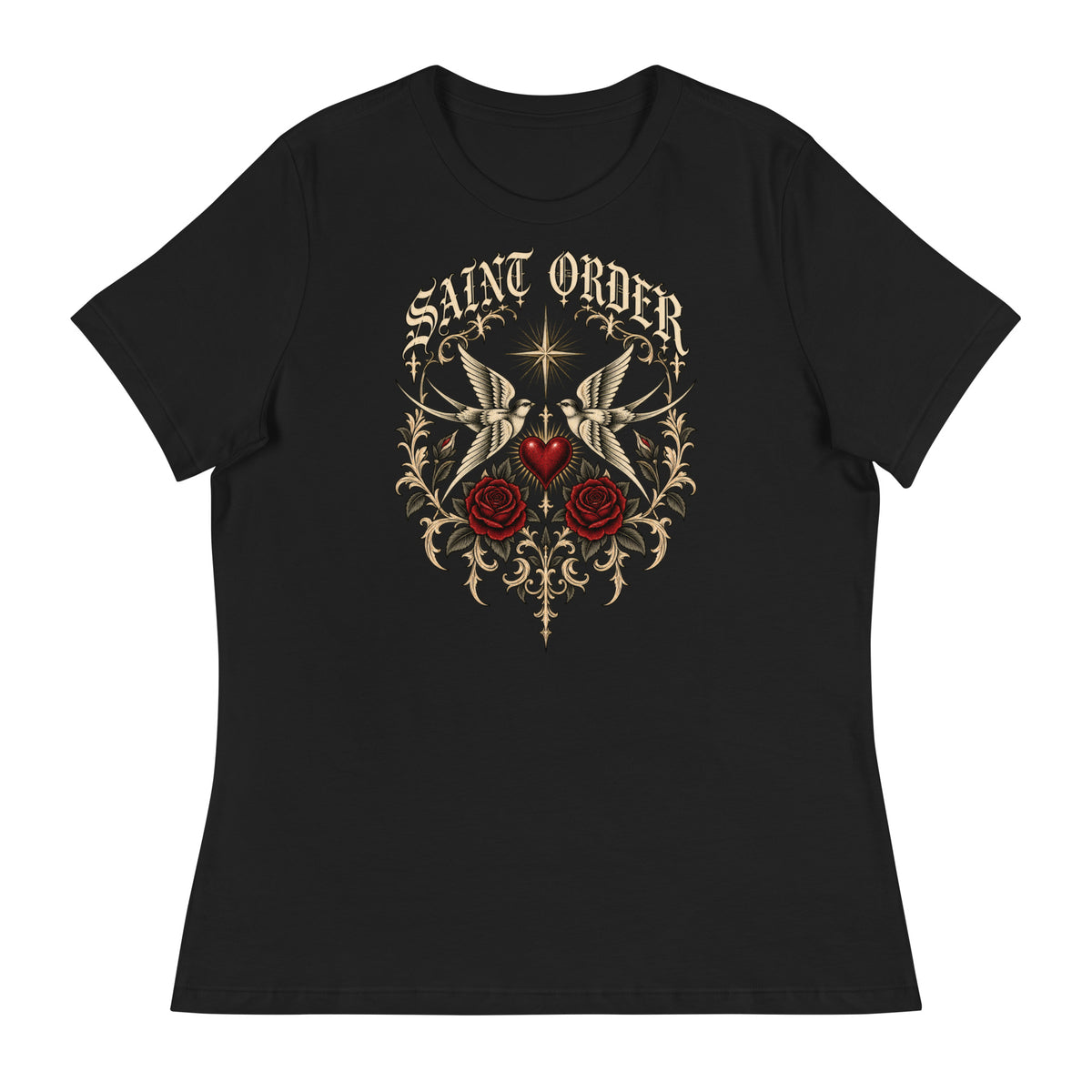 Front of the black Mercy women’s relaxed tee with tattoo swallows, an oxblood heart, roses and Saint Order lettering.