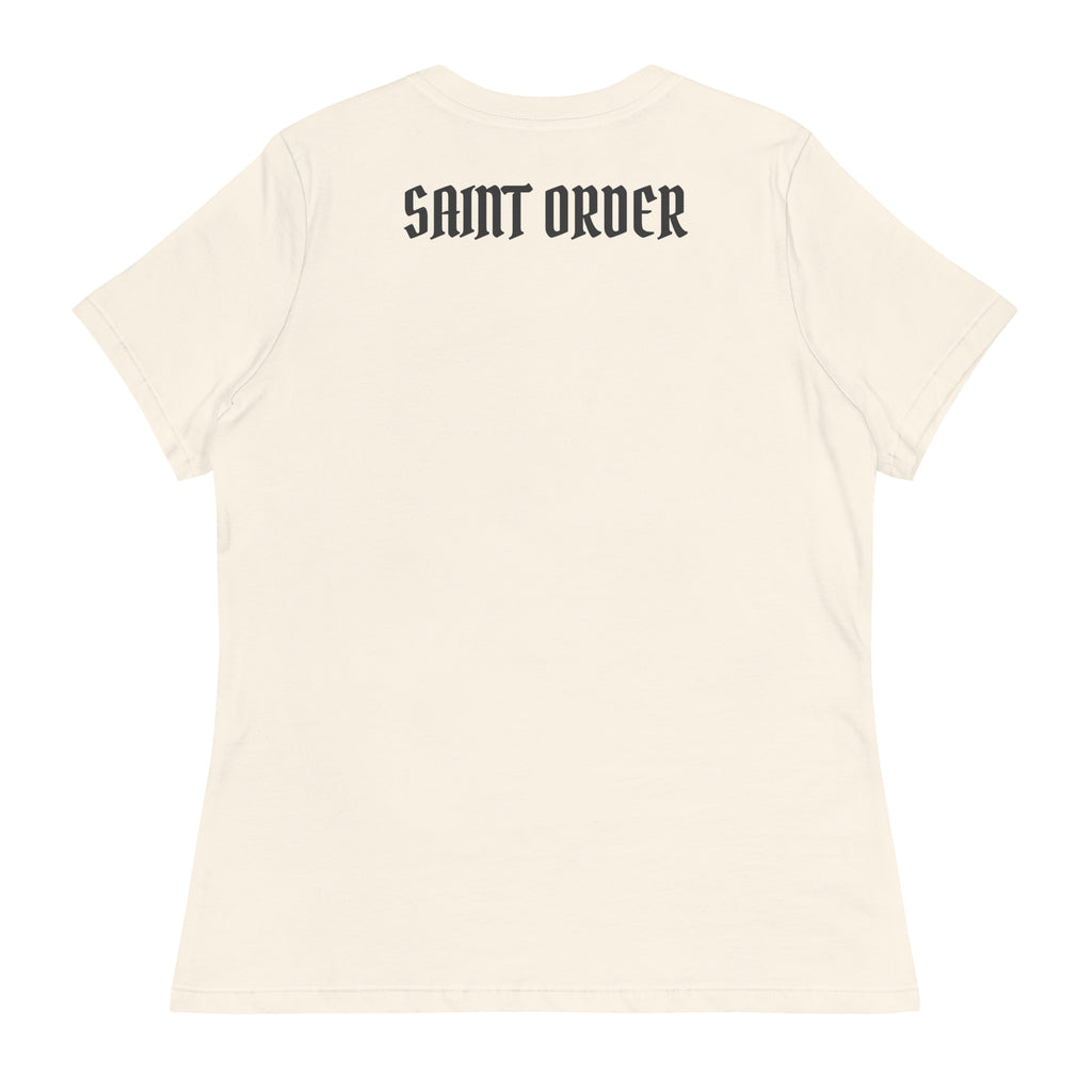 Back of the Natural Fallen women’s relaxed tee with a charcoal Saint Order wordmark across the upper back.