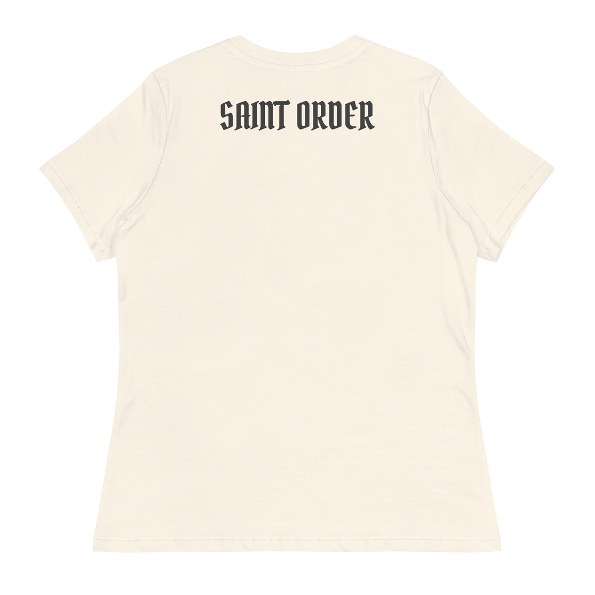 Back of the Natural Fallen women’s relaxed tee with a charcoal Saint Order wordmark across the upper back.