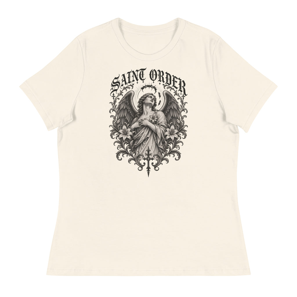 Front of the Natural Fallen women’s relaxed tee with a winged figure, broken halo, lilies and Saint Order lettering.