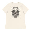Front of the Natural Fallen women’s relaxed tee with a winged figure, broken halo, lilies and Saint Order lettering.