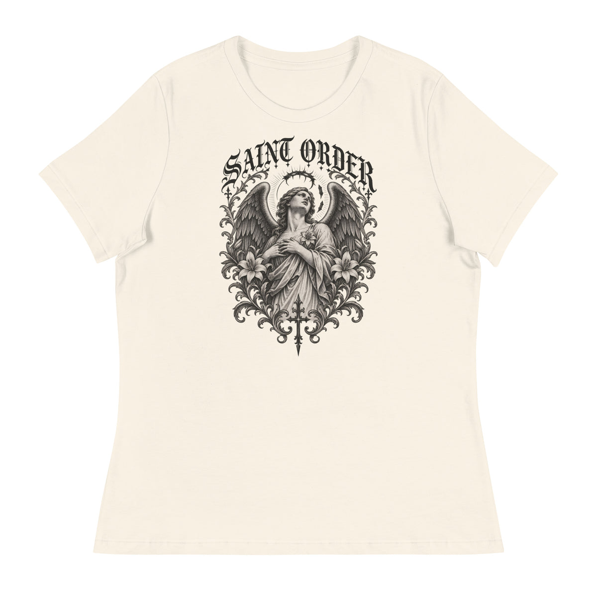 Front of the Natural Fallen women’s relaxed tee with a winged figure, broken halo, lilies and Saint Order lettering.